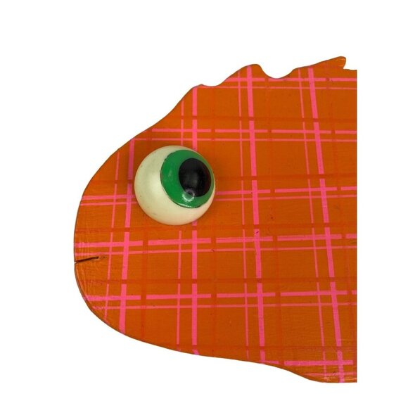 Fish Wall Art Wood Handmade 3D Eye Striped Pink Orange Kitschy Fishing Decor - Picture 2 of 8